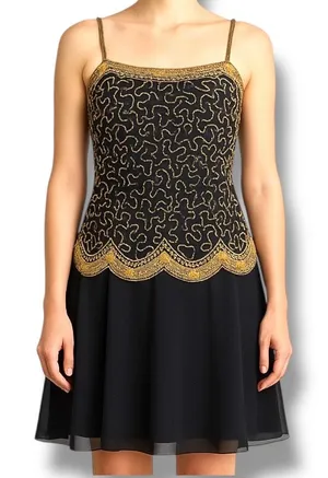 Vintage Beaded Black Gold Drop Waist Metallic Sequin Cocktail Dress Sleeveless 4 thumbnail 1
