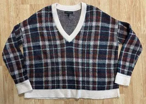 Banana Republic Womens Small Plaid V-Neck Sweater Wool Mohair Oversized Short thumbnail 1