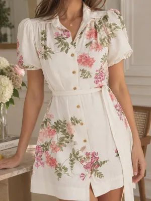 TAYLOR Floral Belted Button Front Mini Shirt Dress Cream Pink Size 2 NWT thumbnail 1