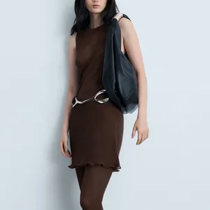Mango MNG - Brown semi sheer fine knit ruffle trim mini dress thumbnail 2