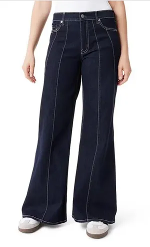 Frayed Jeans Womens High Rise Wide Leg Seam Front Contrast Stitch Indigo Blue 6 thumbnail 1