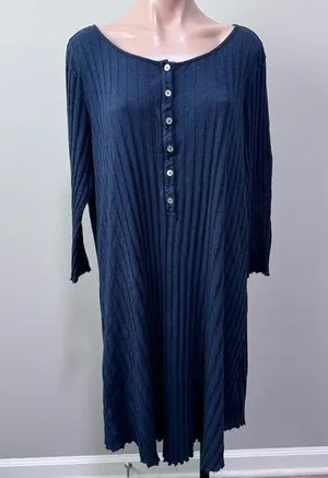 FP Beach Free People Navy Blue Long Sleeve Dress Large Ribbed Buttons thumbnail 1