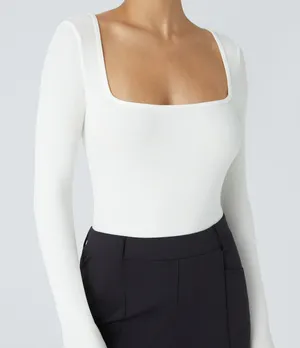 NEW Halara White Ribbed Knit Square Neck Long Sleeve Skinny Casual Bodysuit S thumbnail 2