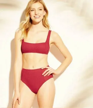 Xhilaration Ribbed Magenta Square Neck High-Waisted Bikini Set thumbnail 2