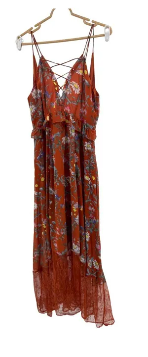 Women's Maxi floral Dress Burnt Orange open back M lace boho casual ruffle thumbnail 1