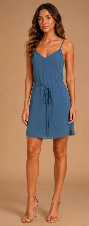 Lulus Dusty Blue Tie Back Slip Mini Dress Adjustable Straps Chiffon Small NWT thumbnail 1