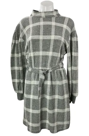 Free People Hampstead Gray Plaid Long Sleeve Mock Tie Mini Sweater Dress Size S thumbnail 1