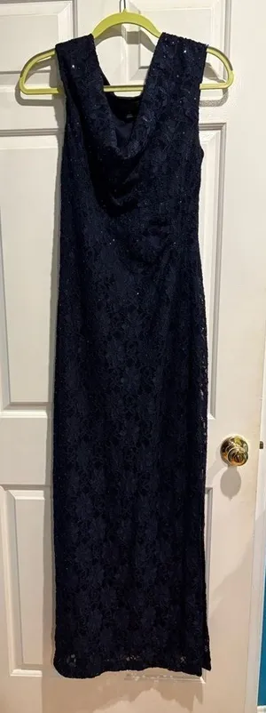 Connected Apparel formal maxi dress 8 dark blue lace sparkles sleeveless wedding guest thumbnail 1