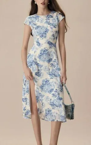RIHOAS The Blue Round Neck Cap Sleeve Floral Midi Dress thumbnail 1
