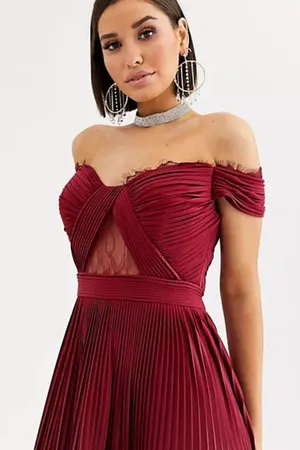 Asos design fuller bust lace and pleat bardot burgundy dress size 4 nwt thumbnail 1