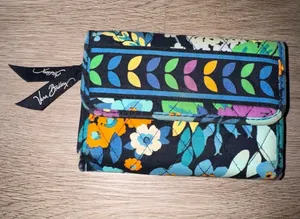 Vera Bradley Black Quilted Wallet with Multicolor Floral Leaves thumbnail 1
