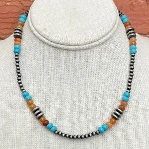 Navajo Style Pearl Necklace with Turquoise, Faux Jasper & Saucer Pearls thumbnail 1