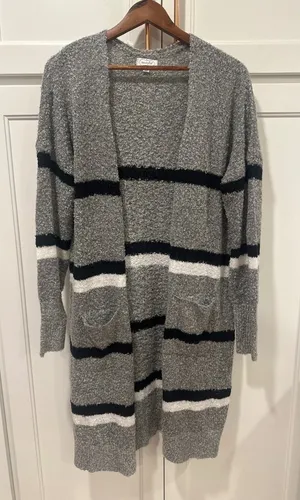 Mudpie Gray Striped Open Front Long Cardigan M/L Sweater Knit Pockets Winter thumbnail 1