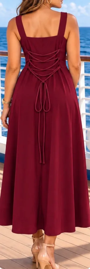 OYS~Sleeveless Burgundy Midi Dress with Pockets. L thumbnail 3
