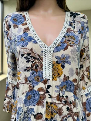 Umgee Floral Boho Tunic Mini Dress Large Bell Sleeve High Low Crochet Trim thumbnail 2