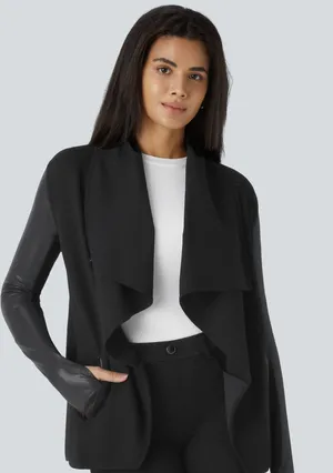 Halara Faux Leather Waterfall Open Front Jacket Size Large thumbnail 1