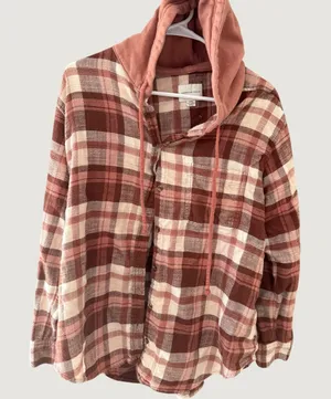 American Eagle Outfitters Womens Mauve Plaid Hooded Flannel Shirt Medium Fall thumbnail 1