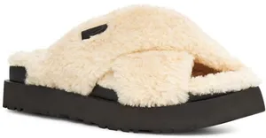 UGG Fuzz Sugar Cream Black Cross Platform Slip On Slide Slippers Women’s Size 9 thumbnail 1