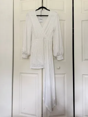 NWT Showpo Claudilyn Drape Long Sleeve Faux Wrap Mini Dress White Sequins US 6 thumbnail 3