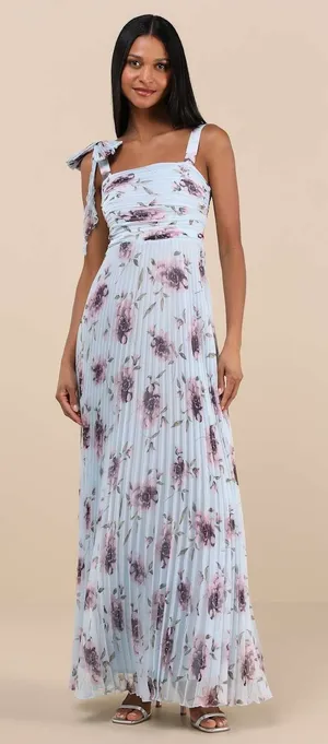 NWT Lulus Gorgeous Purpose Blue Floral Pleated Sleeveless Bow Maxi Dress Size XL thumbnail 1