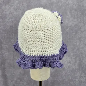 Vintage Y2K‎ Crochet Festival Kawaii Purple White Knit Beanie Floral Funky Hat thumbnail 4