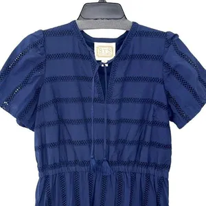 Sail to‎ Sable Womens Short Sleeve Tiered Tassel Tie Mini Dress Navy Blue Medium thumbnail 3