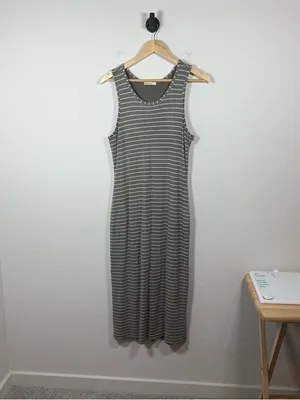 Marine Layer Women’s Lexi Rib Daytime Midi Dress in Green/Ivory Stripe L thumbnail 5