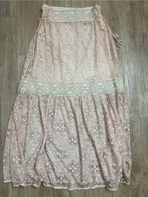 Anthropologie Embroidered Tiered Maxi Skirt in Blush coral thumbnail 2