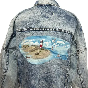 VTG 90s Ocean Denim Acid Wash Lighthouse Jacket Scenic Art Oversized XL thumbnail 13