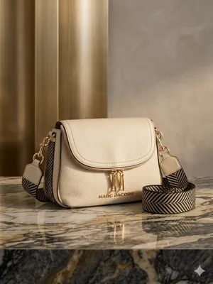 Marc Jacobs Beige Pebbled Leather Messenger Bag Chevron Web Strap Like New thumbnail 2