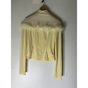 Chicwish butter yellow‎ long sleeve velvet top feather trim boho chic indie M thumbnail 2
