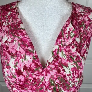 Pink Floral Linen Belted Midi Dress Sleeveless Summer Garden Party Resort Brunch thumbnail 4