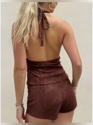 Isabelle’s Cabinet Crowd pleaser Brown Suede Halter Top and Short Set thumbnail 5