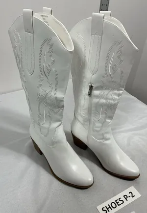 Womans Fran Willot Knee High Cowgirl Boots 9 White Embroidered Heel 1/2 Zip thumbnail 1