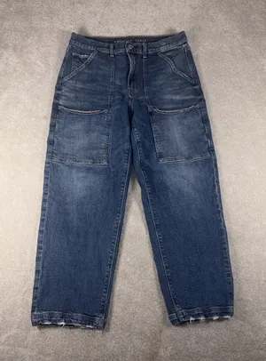 American Eagle Super High Rise Baggy Straight Cargo Jeans Size 12‎ Short Denim thumbnail 1