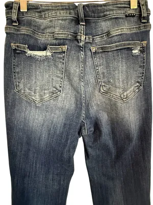 Risen Jeans Women’s 9/29 Mid Rise Distressed Bootcut Jeans Raw Hem Stretch Denim thumbnail 5