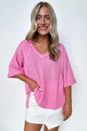 Zenana Pink Oversized Waffle Knit Top thumbnail 1