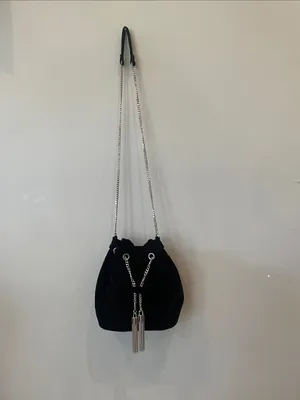 Black Velvet Drawstring Bucket Bag with Silver Chain Tassels thumbnail 2