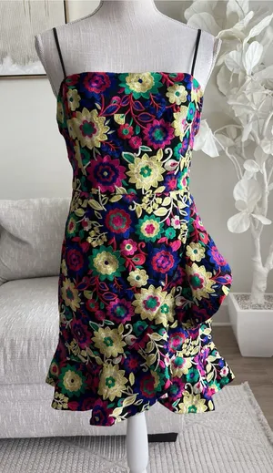 X By NBD Strapless Floral Embroidered Mini Dress in Navy, Pink And yellow Size M thumbnail 1