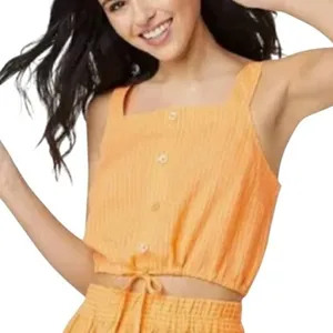 A New Day (M) Striped Button Detail Linen Blend Front Tie Crop Top Tank Shirt thumbnail 4