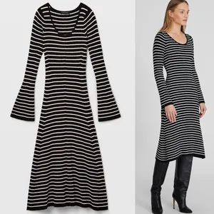 Club Monaco Black And White Striped Ribbed Midi Sweater Dress With Bell Sleeves thumbnail 3