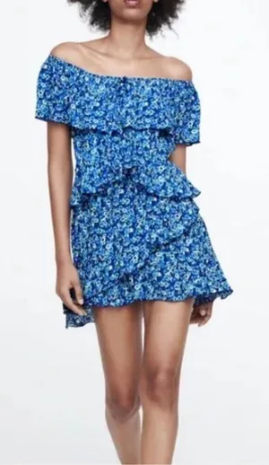 Zara Tiered Blue Floral Off the Shoulder Jumpsuit Romper MEDIUM Preppy‎ Ruffles thumbnail 1