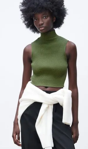 Zara Sleeveless Mock Neck Ribbed Crop Sweater - Olive Green Sleeveless Preppy S thumbnail 1