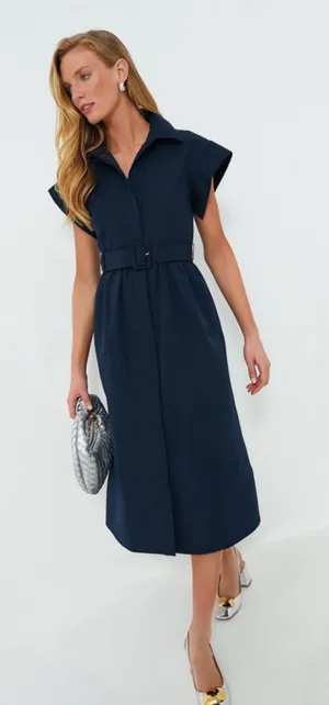 New Tuckernuck Navy Blue Chloe Midi Dress Small Belted Collared Moir Classic thumbnail 1