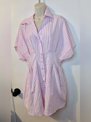 NWT COMMENSE Pink White Striped Shirt Dress L Collared Button Down thumbnail 5