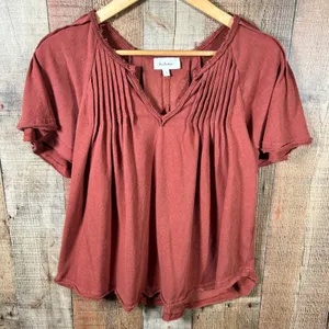 Bohme Rust Red Cotton Blend Pleated Flutter Sleeve Boho Blouse Top Small S thumbnail 1