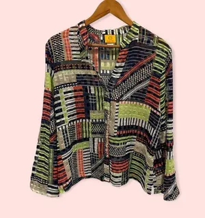 Groovy Ruby Rd. Metallic geometric avocado and tomato salad color sheer blouse thumbnail 2