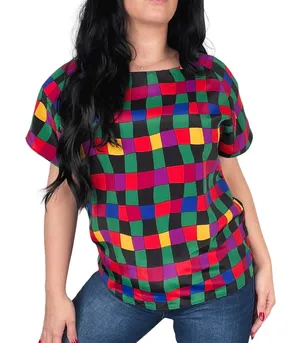 Impressions 1980s Vintage Rainbow Checkered Short Sleeve Blouse Retro Medium thumbnail 1