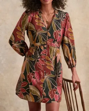 Velvet by Graham & Spencer Tessa Leaves Print Puff Sleeve Mini Dress Multi XS thumbnail 1