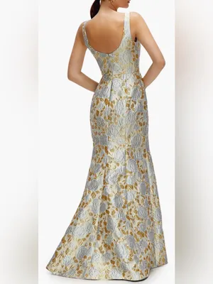 NEW DESSY COLLECTION Metallic Floral Brocade Trumpet Winter Mist Gown Sz 16 thumbnail 3
